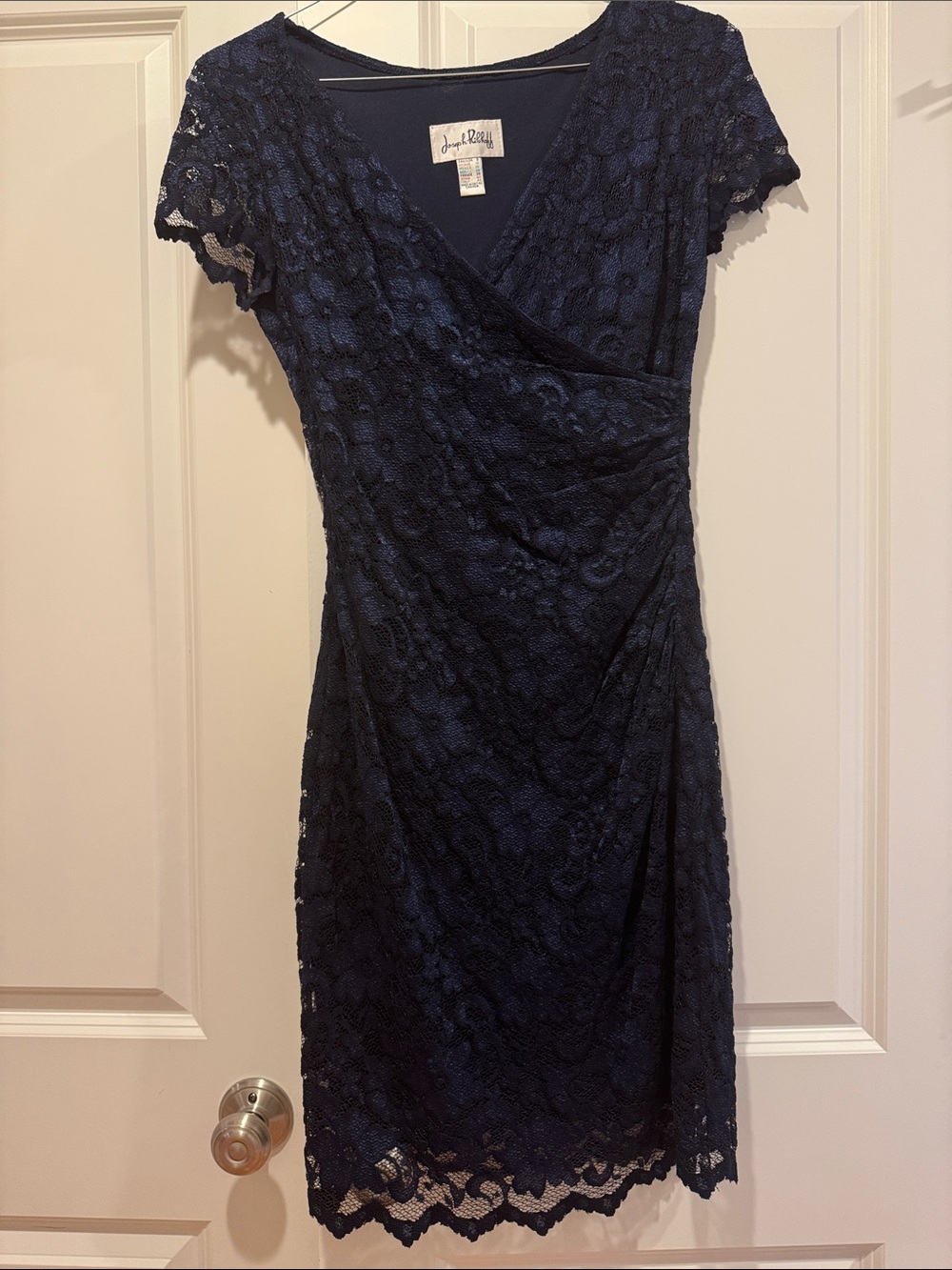 Joseph Ribkoff Navy Lace Faux-Wrap Midi Dress
